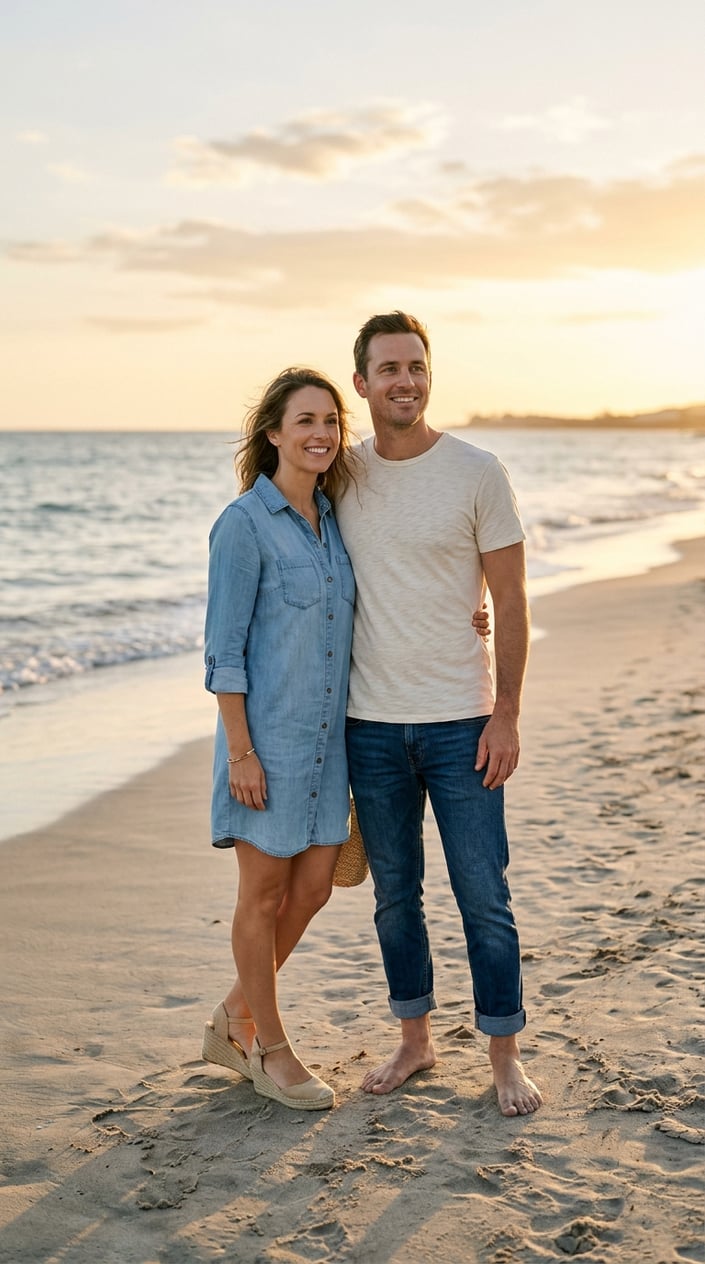 A man and woman standing together on a sandy beach with the ocean in the background, the woman in a pale blue denim dress and espadrilles, the man in a cream slub tee and cuffed jeans, both smiling and relaxed.