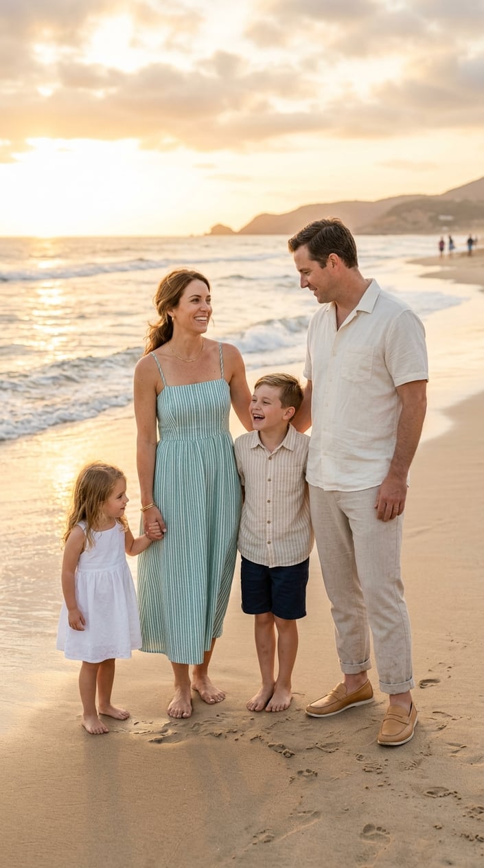 A mother in a seafoam and white striped sundress and a father in beige linen pants and leather loafers standing together on a sandy beach with gentle waves behind them.