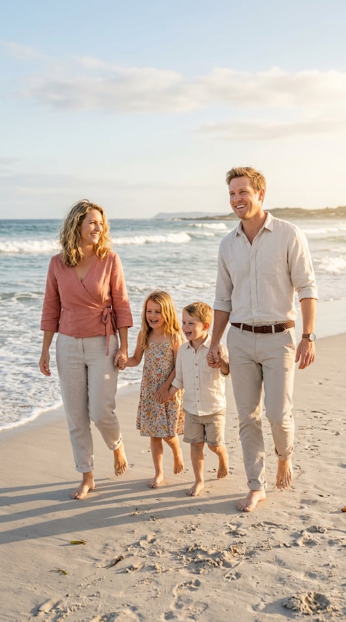 A couple standing on a sandy beach near the water, the woman in a muted coral wrap top and the man in stone chinos with a woven leather belt, both smiling.