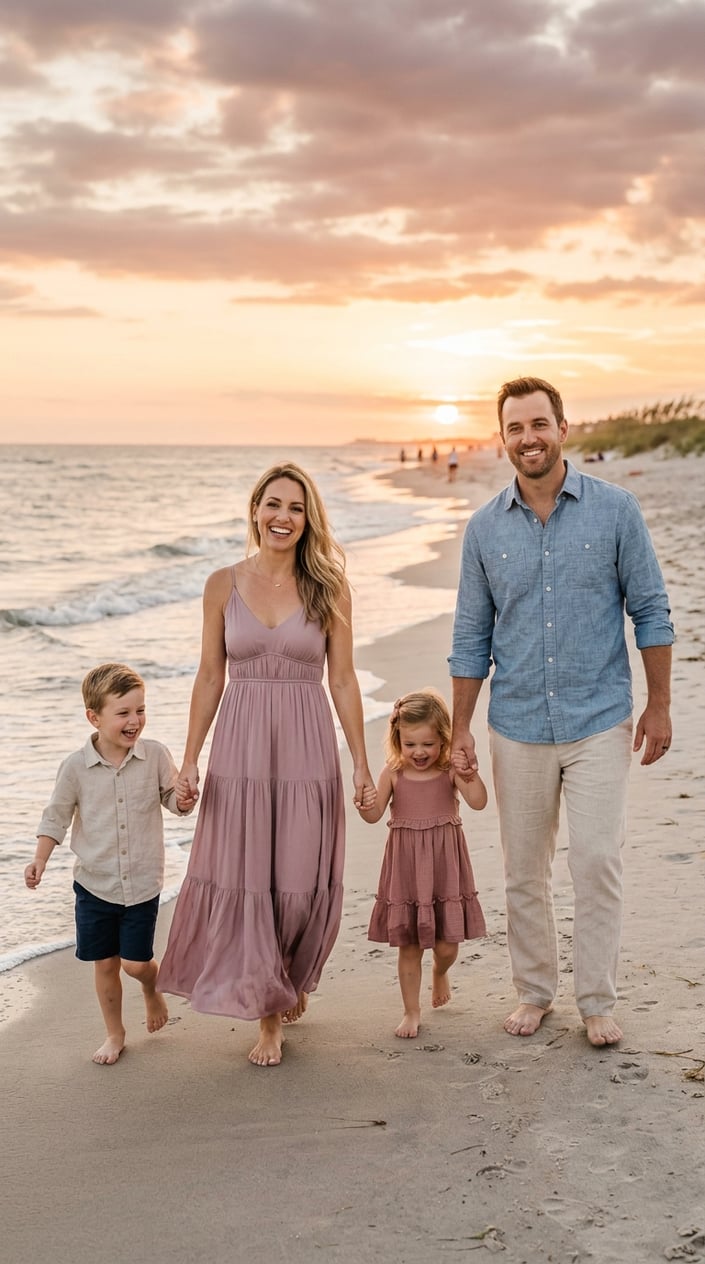 A family on a sandy beach with gentle waves in the background, the mother in a floaty soft mauve tiered dress and the partner in a light chambray shirt, both smiling close together.