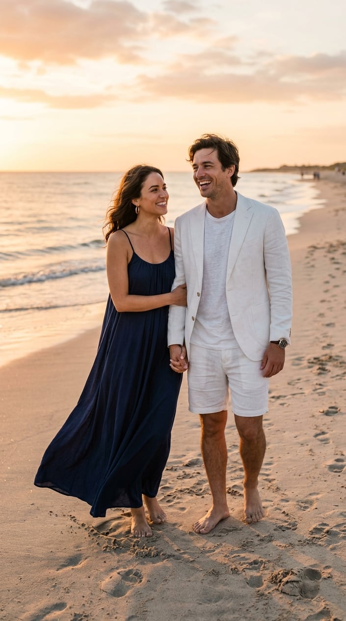 A couple standing together on a sandy beach near the ocean, the woman in a flowing navy maxi dress with small gold hoop earrings and the man in a white linen blazer and light shorts.