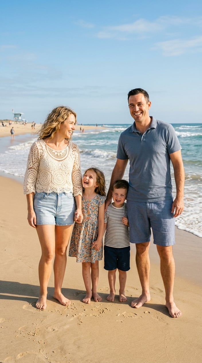 A mother in a cream cotton crochet top and a father in a slate blue polo shirt and matching shorts standing together on a sandy beach near the water.