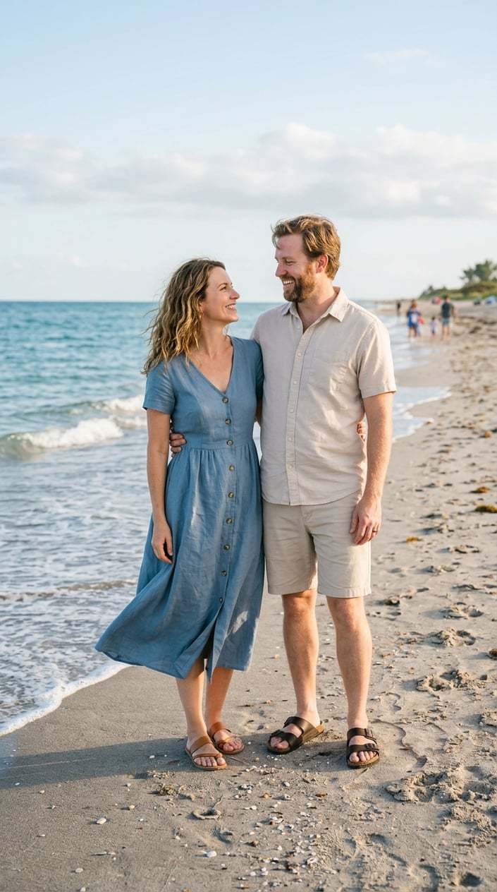 A woman in a dusty blue button-front linen dress and a man in pale sand-colored shorts and tan sandals standing together on a sandy beach near the ocean.