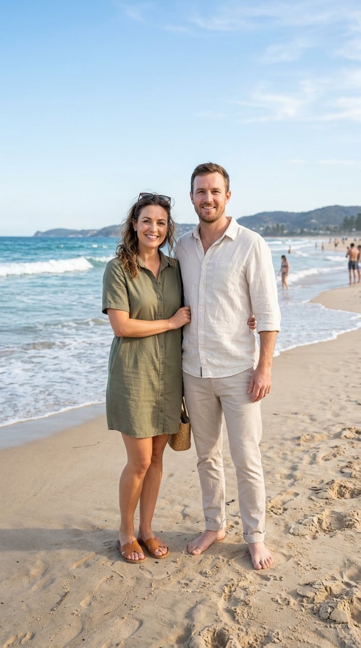 A couple standing on a sandy beach near the ocean, the woman in an olive green shirt dress with tan leather sandals and the man in an off-white linen button-up shirt, both smiling.