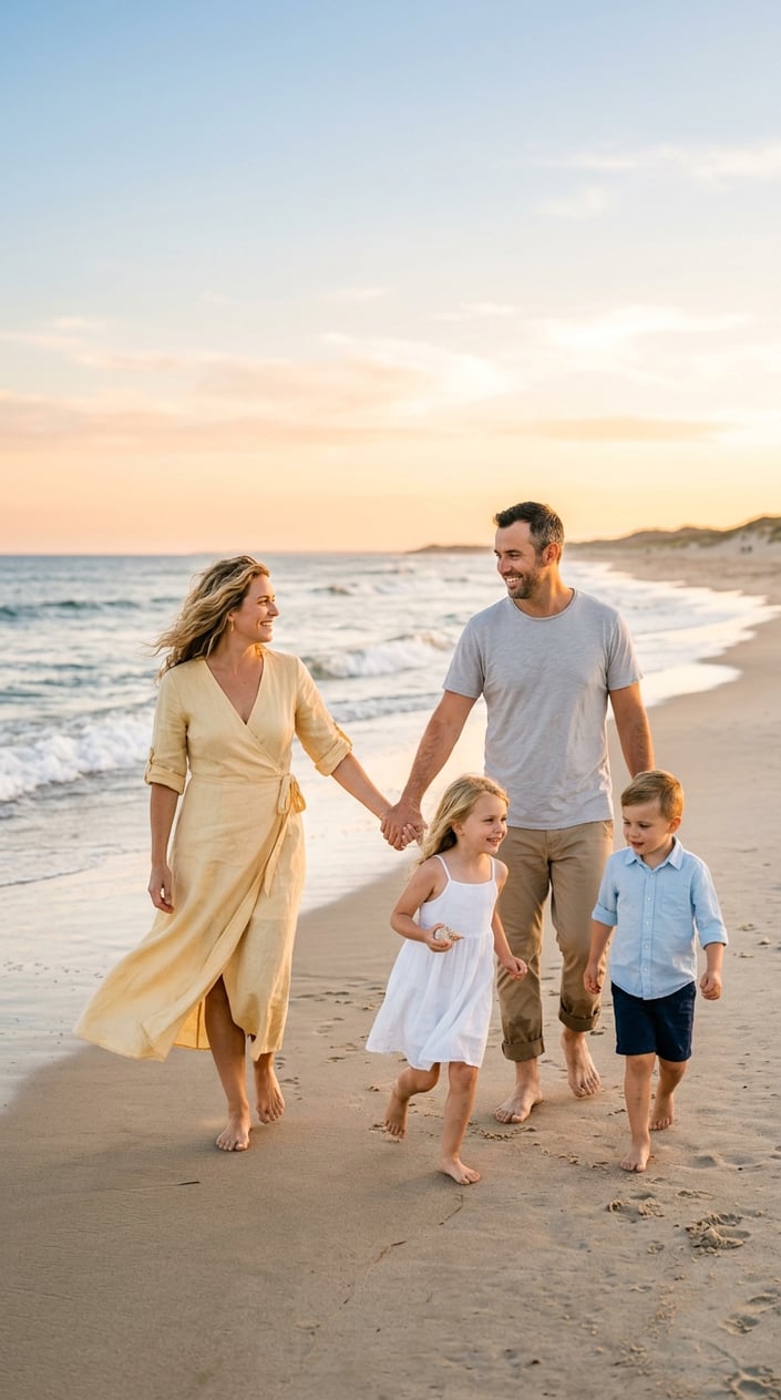 A man and woman standing together on a sandy beach near the ocean, the woman in a pale yellow wrap dress and the man in a light gray tee and rolled khaki pants, both smiling in natural beach light.