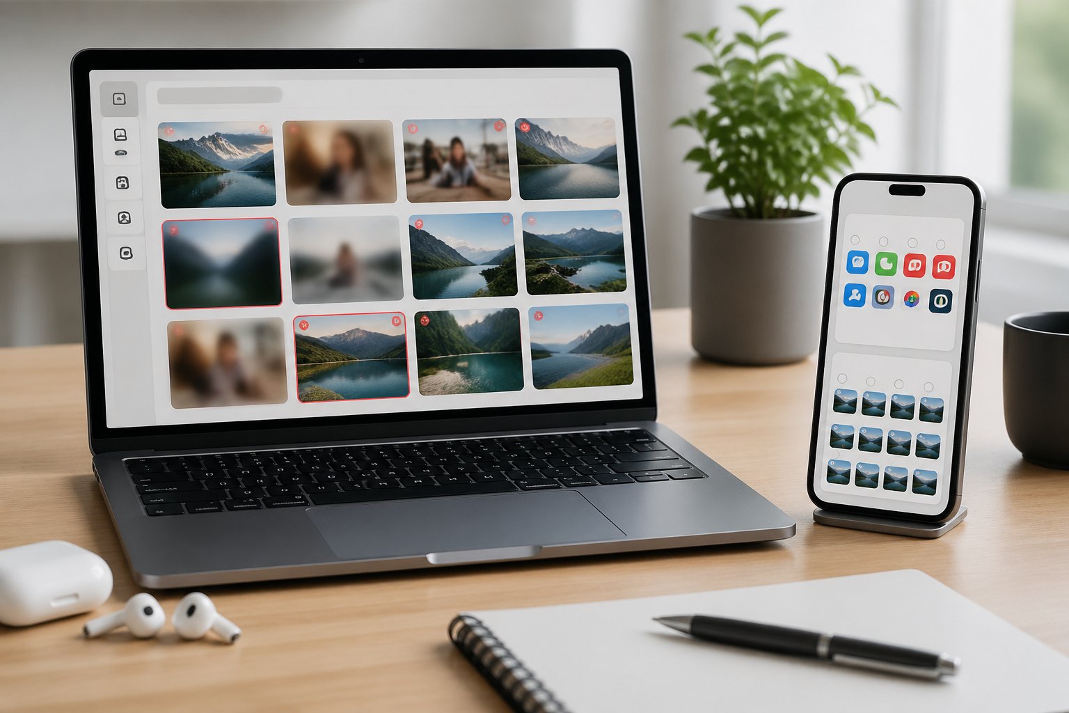 A modern workspace with a laptop and smartphone showing photo and app management interfaces on a clean desk.