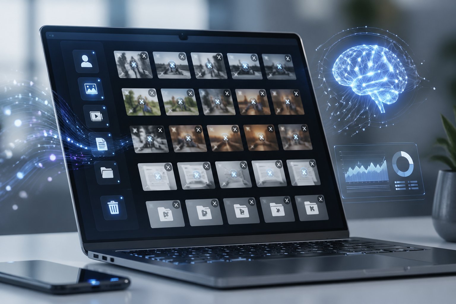 A digital workspace with a computer screen showing blurred photos, faded screenshots, and inactive app icons, surrounded by glowing digital elements representing AI analyzing and organizing unwanted digital content.