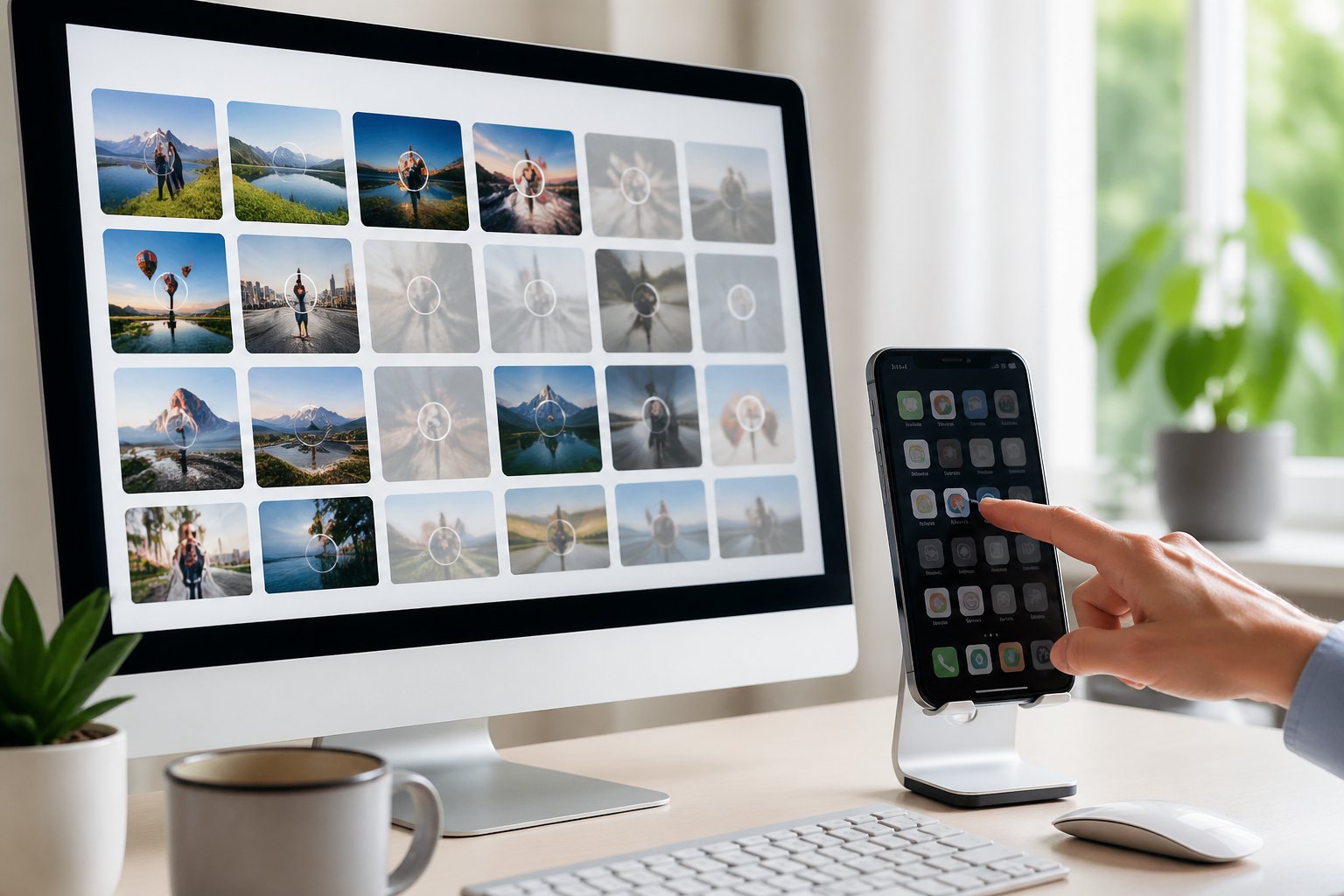 A person organizing photos and apps on a computer and smartphone, with some images blurred and unused apps grayed out.