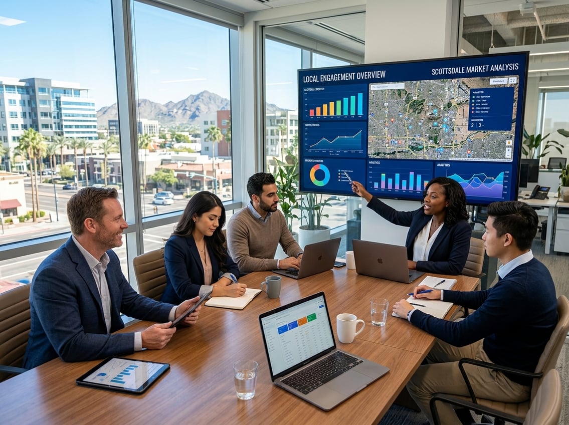 A group of business professionals in a modern office discussing marketing data on a large screen with a view of Scottsdale city outside.
