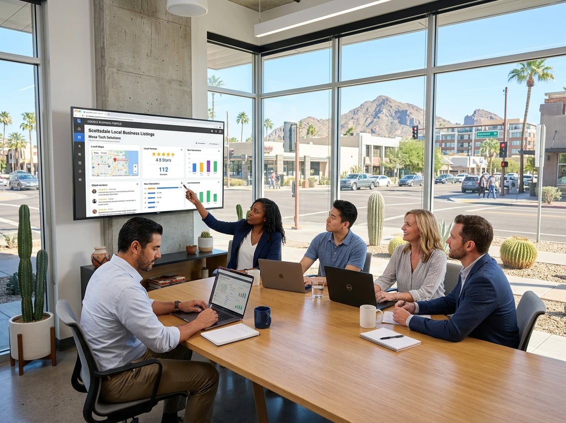 Business professionals collaborating in a bright office with a view of a sunny urban street, looking at a digital screen displaying a business profile dashboard.