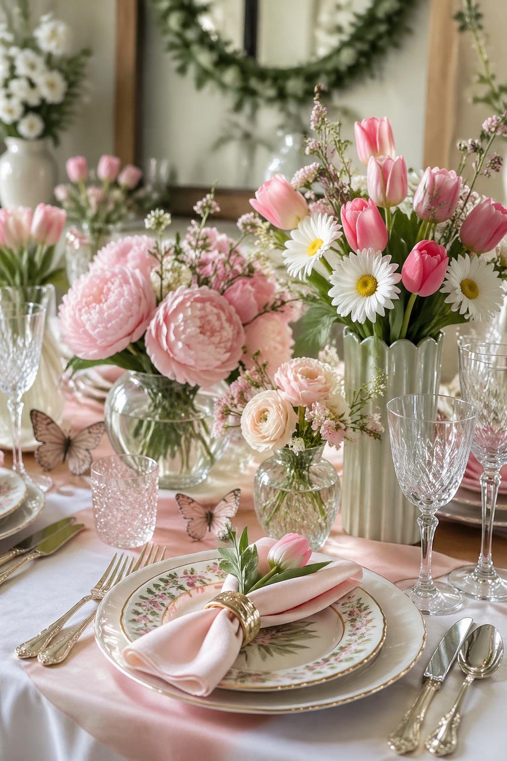 A beautifully arranged table decorated with spring flowers and tableware for a Mother's Day celebration.