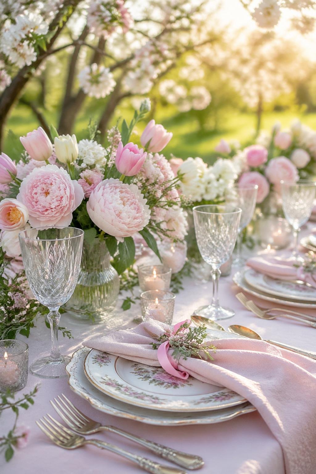 A beautifully arranged outdoor table decorated with spring flowers, plates, silverware, and candles for a Mother's Day celebration.