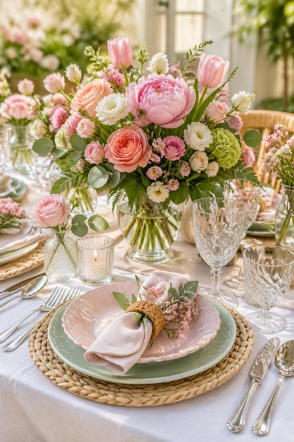 A dining table set with floral centerpieces and botanical accents for a spring-themed Mother's Day celebration.