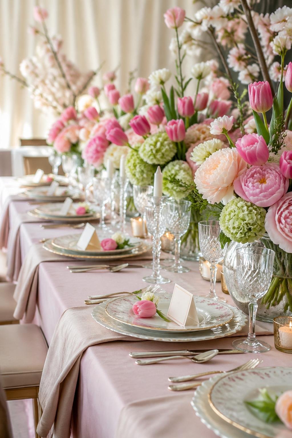 A spring-themed Mother's Day dining table set with flowers, place cards, fine china, and glassware.