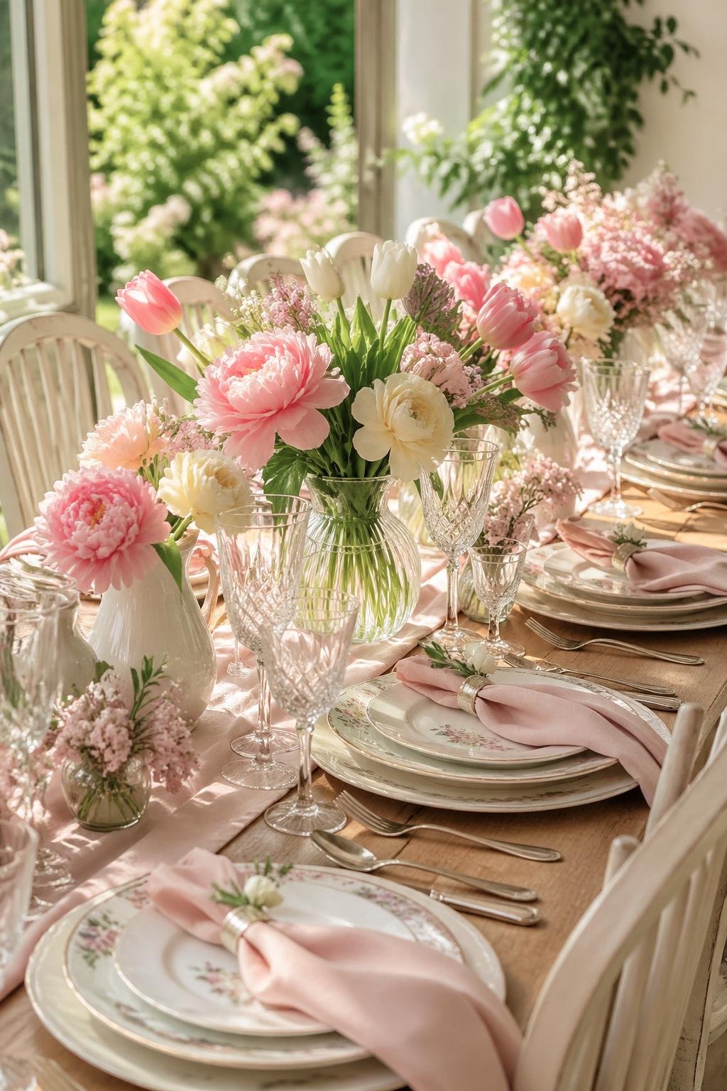 A table set with spring flowers, plates, glasses, and silverware for a Mother's Day brunch or dinner.