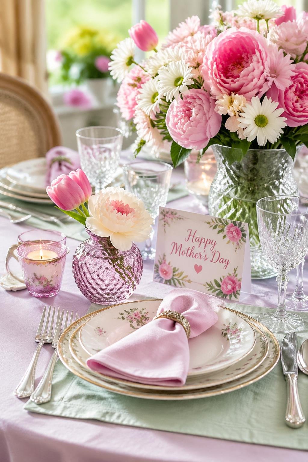 A dining table set with pastel linens, fresh spring flowers, fine china, and glassware for a Mother's Day celebration.