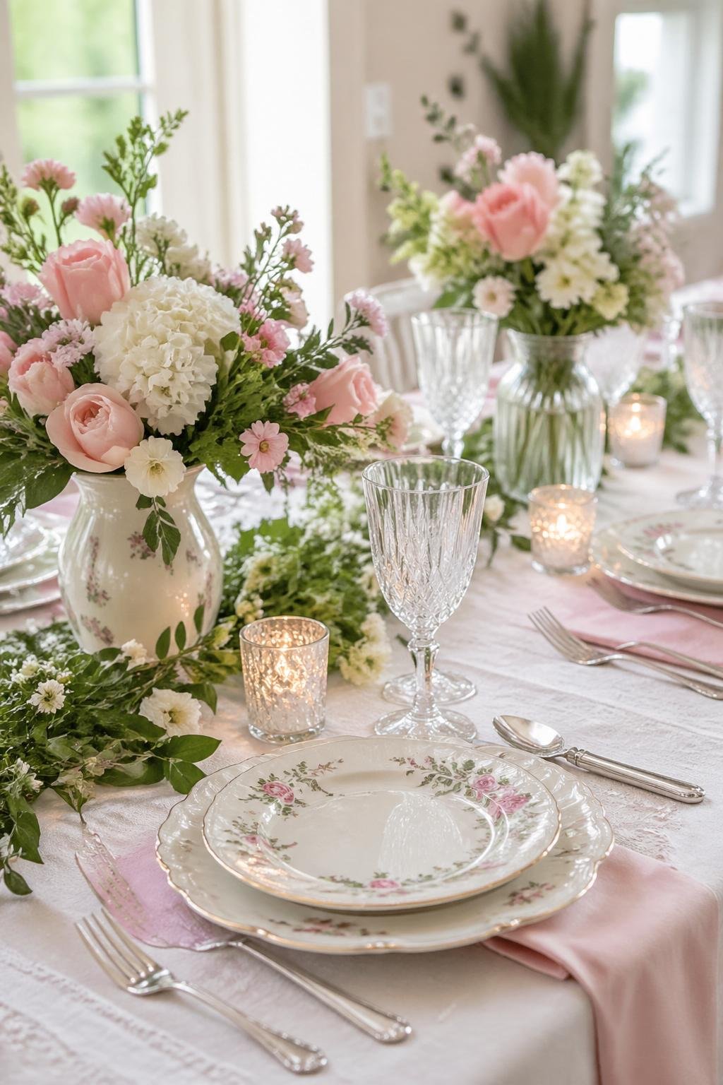A beautifully set dining table with white dishware, pastel napkins, fresh spring flowers, and decorative accents for a Mother's Day celebration.