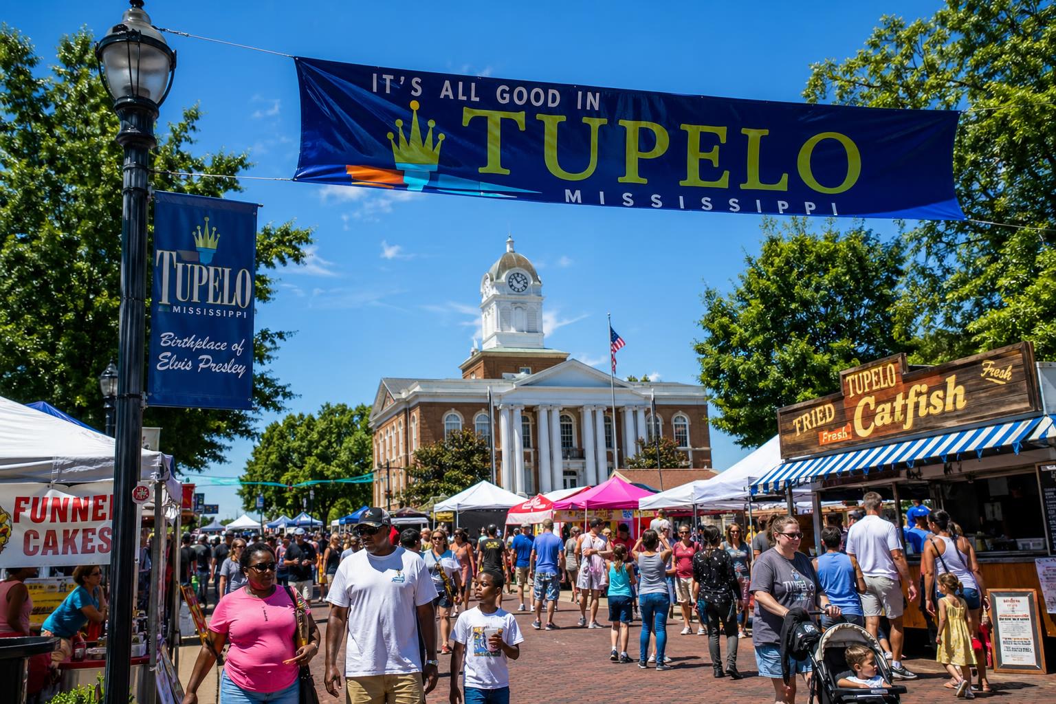 People enjoying a lively outdoor festival with colorful decorations, food stalls, and activities in Tupelo, Mississippi.