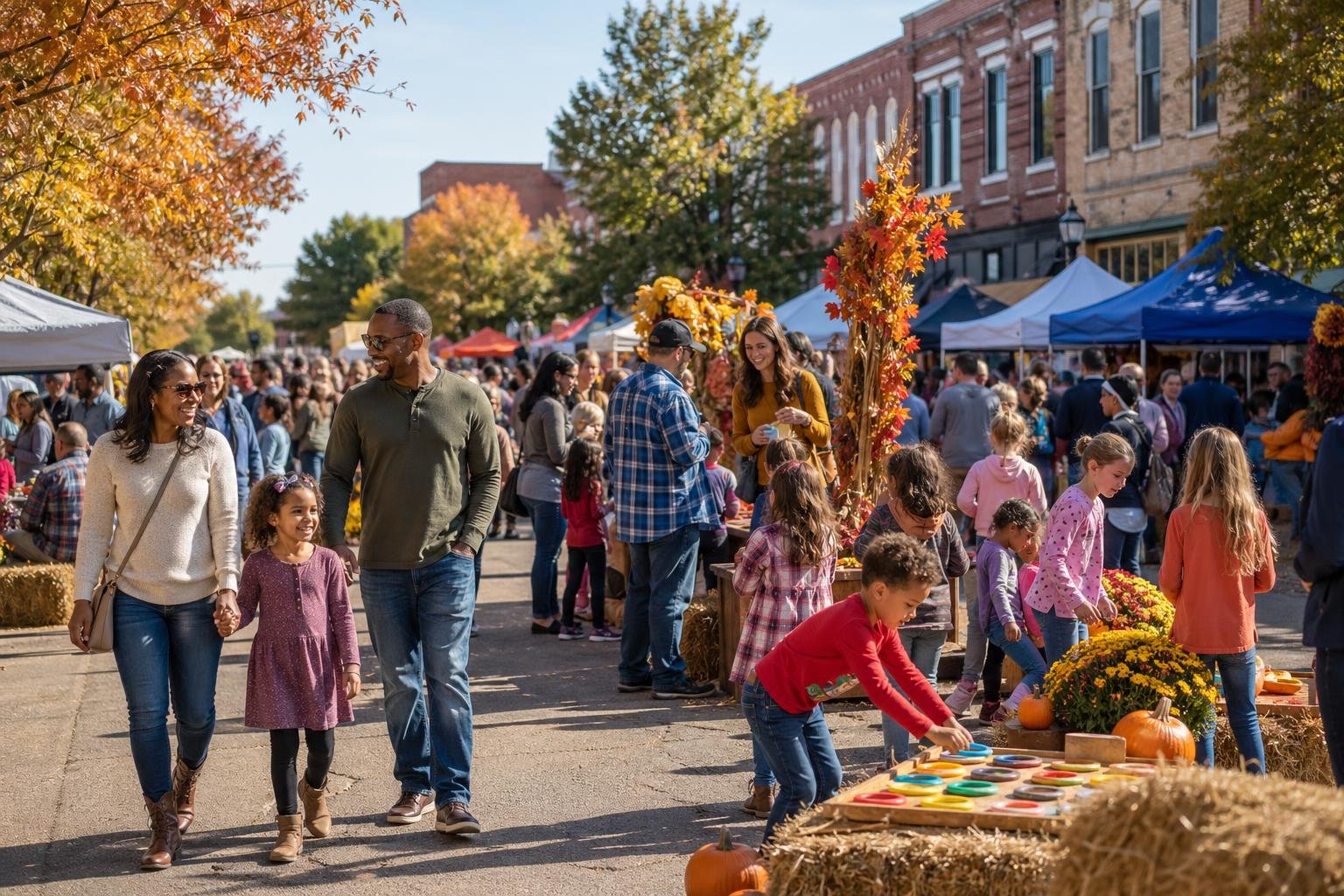 Families and children enjoying a lively seasonal festival outdoors in a small town with colorful tents and decorations.
