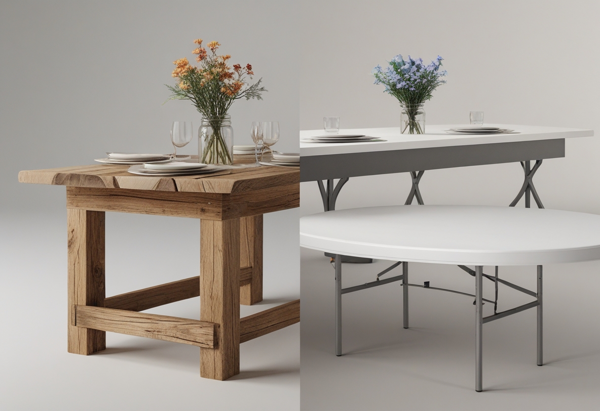 Side-by-side comparison of a rustic wood farm table and a plain white banquet table with different table settings.