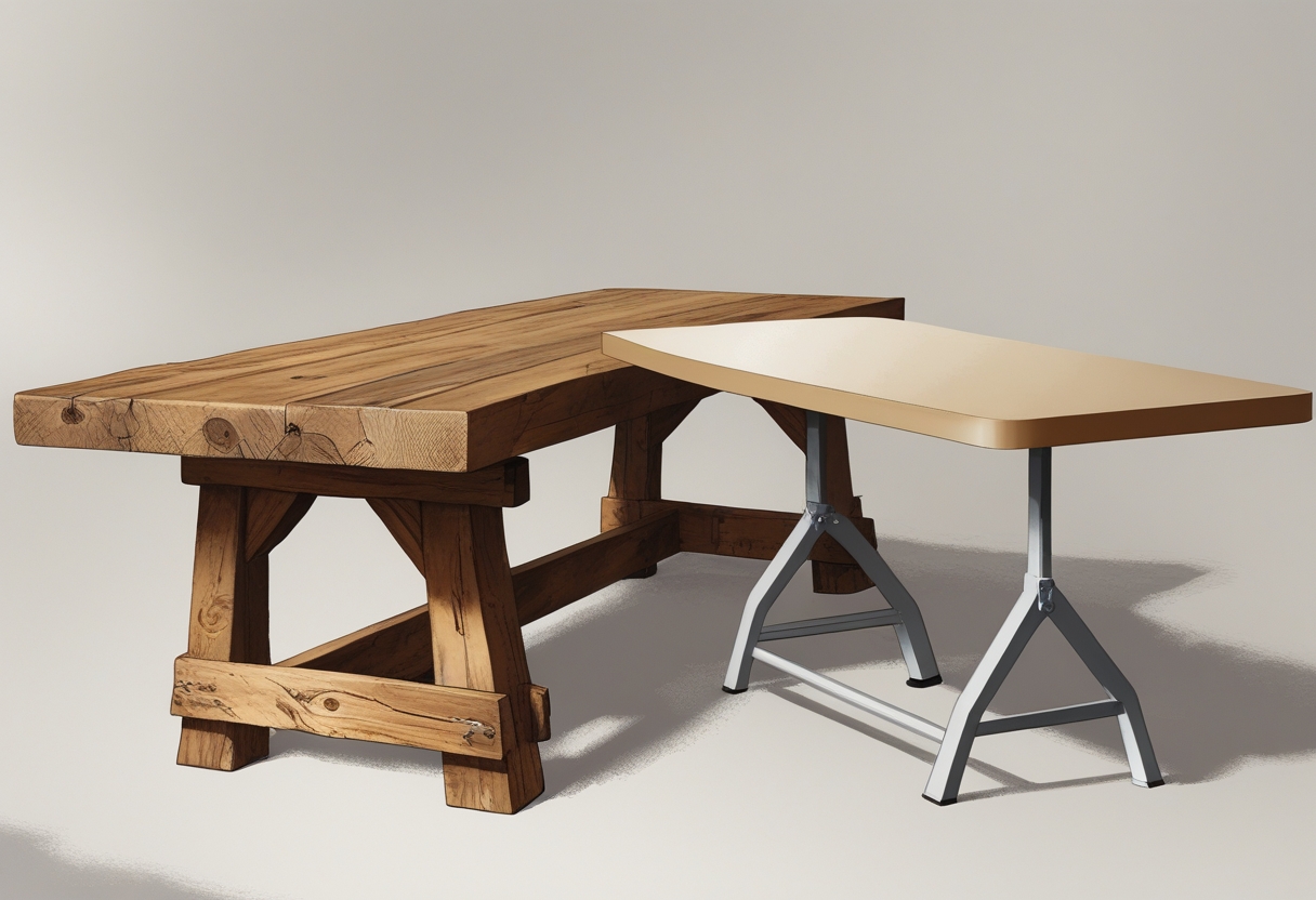 Side-by-side comparison of a rustic wood farm table and a standard banquet table showing their material and design differences.