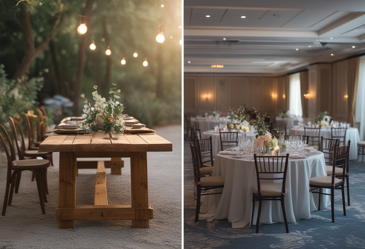 Side-by-side comparison of a rustic wood farm table set outdoors with natural decorations and a standard banquet table covered with a white cloth set indoors in a formal event space.
