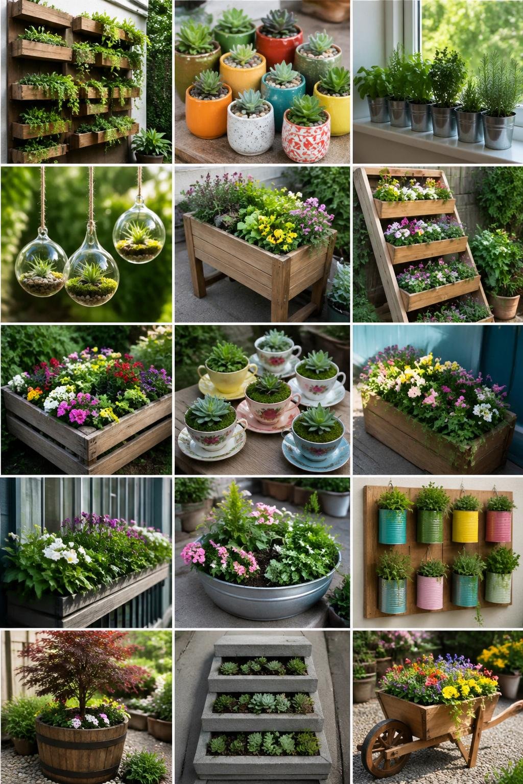 A collection of 15 small garden setups featuring various plants in pots, hanging planters, and repurposed containers arranged outdoors in a sunny small space.