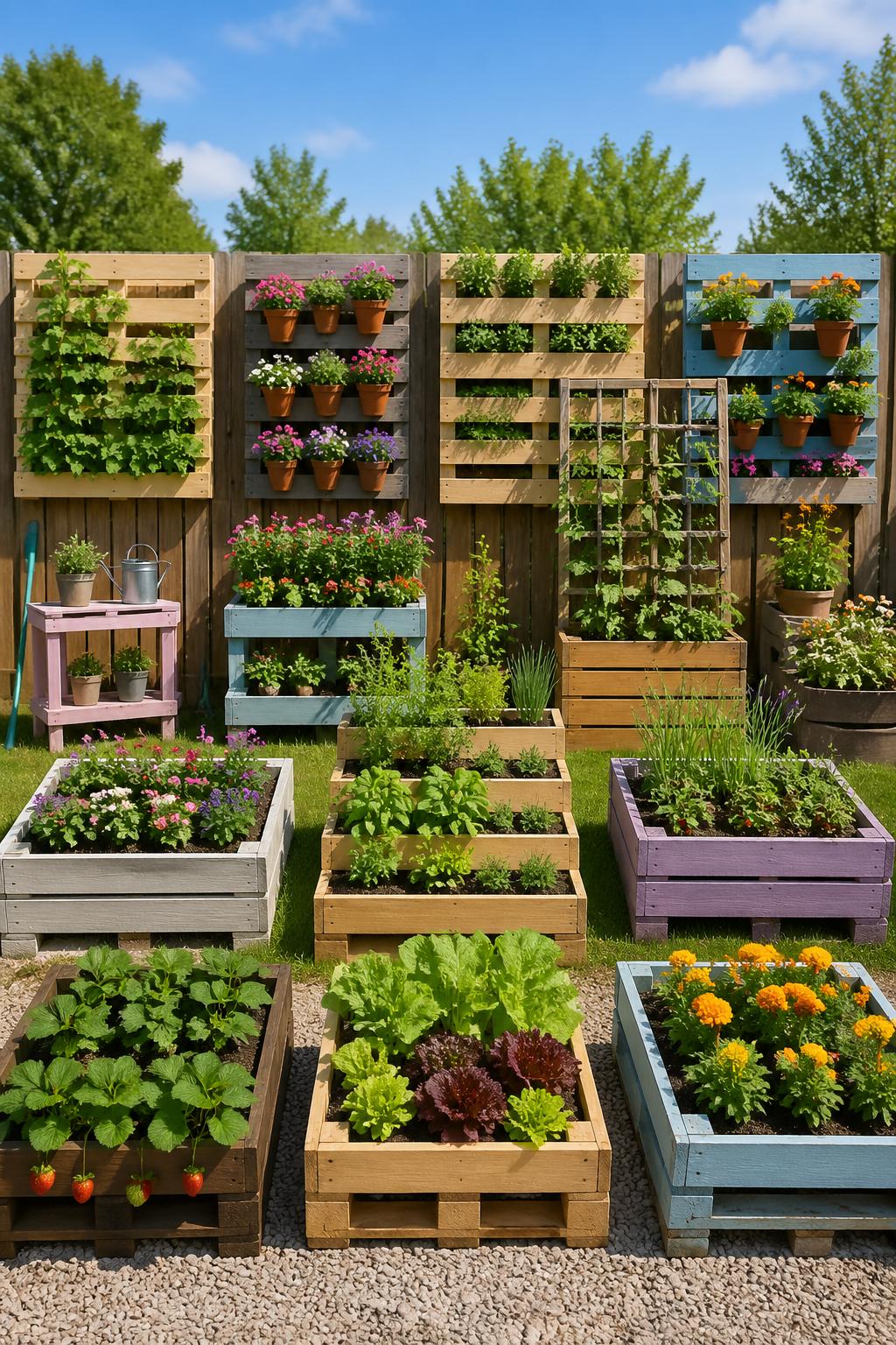 Outdoor garden with multiple wooden pallets used as planters filled with green plants, flowers, and vegetables arranged neatly in a sunny backyard.