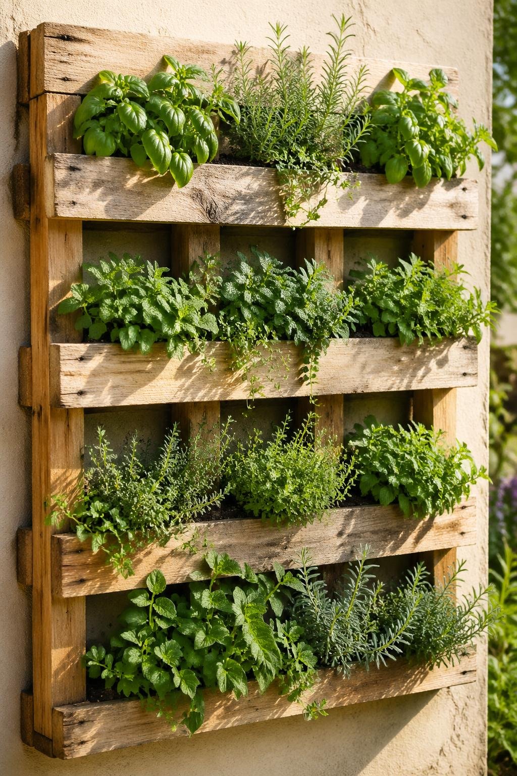 A vertical herb garden made from wooden pallets filled with various fresh green herbs outdoors.