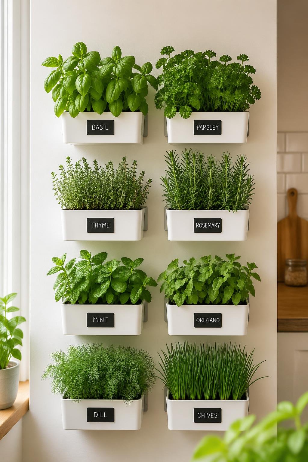 A vertical herb wall with several wall-mounted planters filled with green herbs on a light-colored wall.