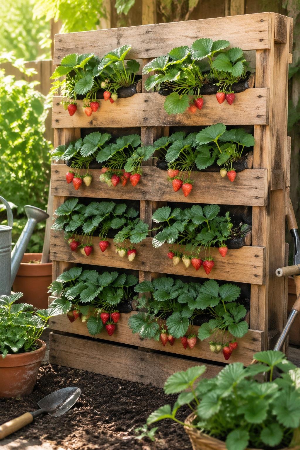 A wooden pallet planter filled with healthy strawberry plants bearing ripe strawberries in a bright garden setting.