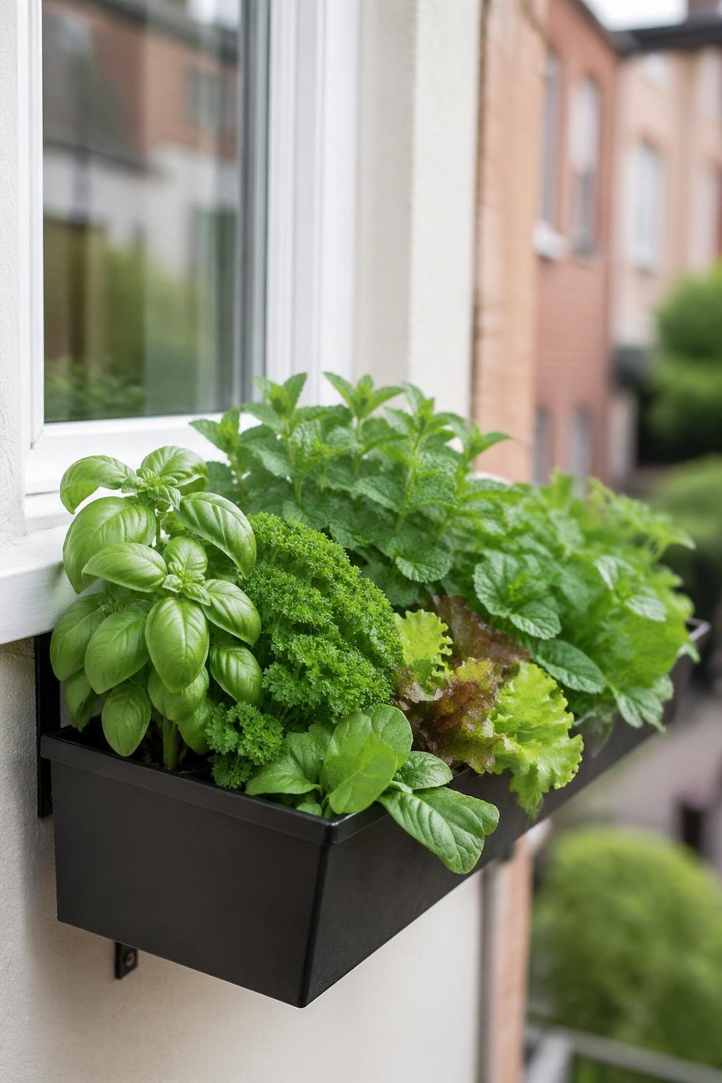 A window box garden filled with various fresh herbs and leafy greens growing on a bright exterior wall in a small outdoor space.