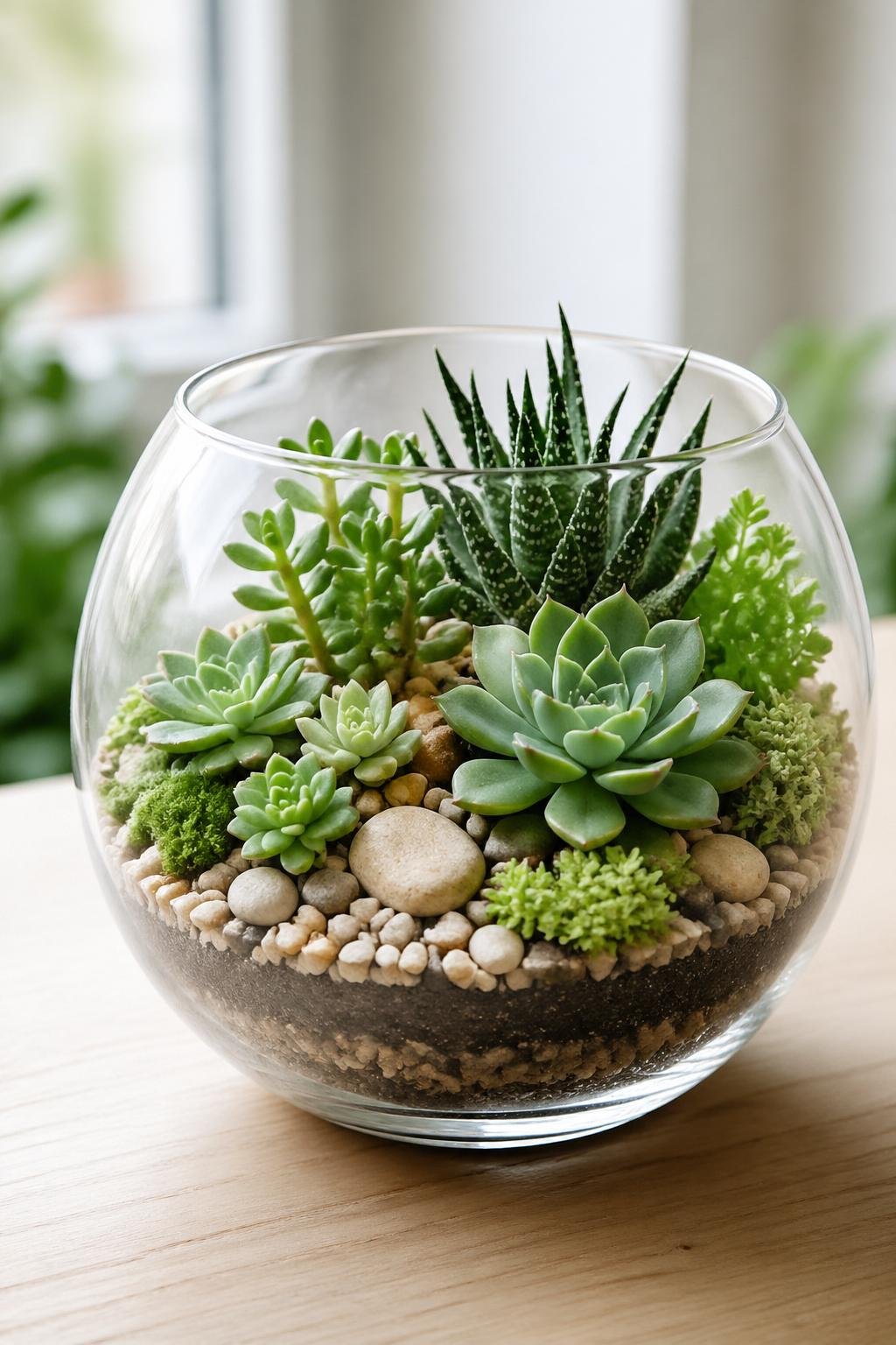 A glass bowl terrarium filled with small green succulents and pebbles on a wooden surface.