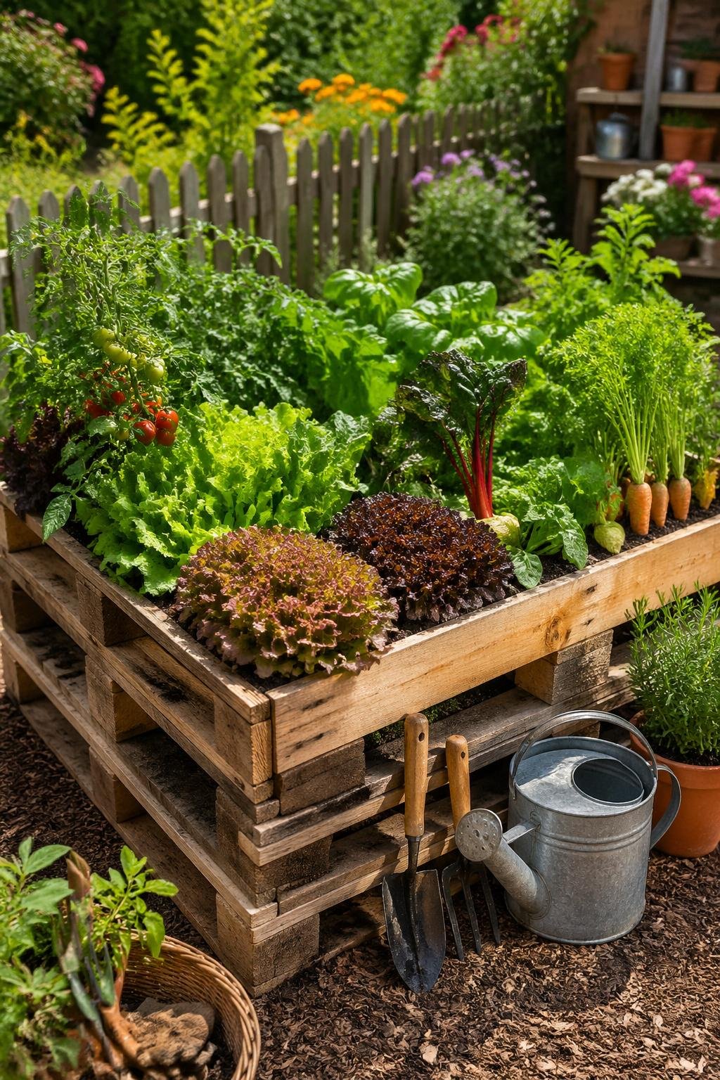 A raised wooden pallet vegetable bed filled with various vegetables in a sunny garden surrounded by gardening tools and plants.