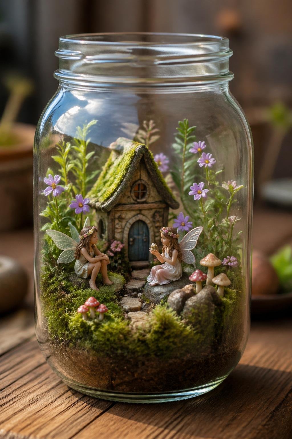 A small fairy garden inside a clear mason jar with moss, tiny flowers, miniature mushrooms, and fairy figurines on a wooden surface.