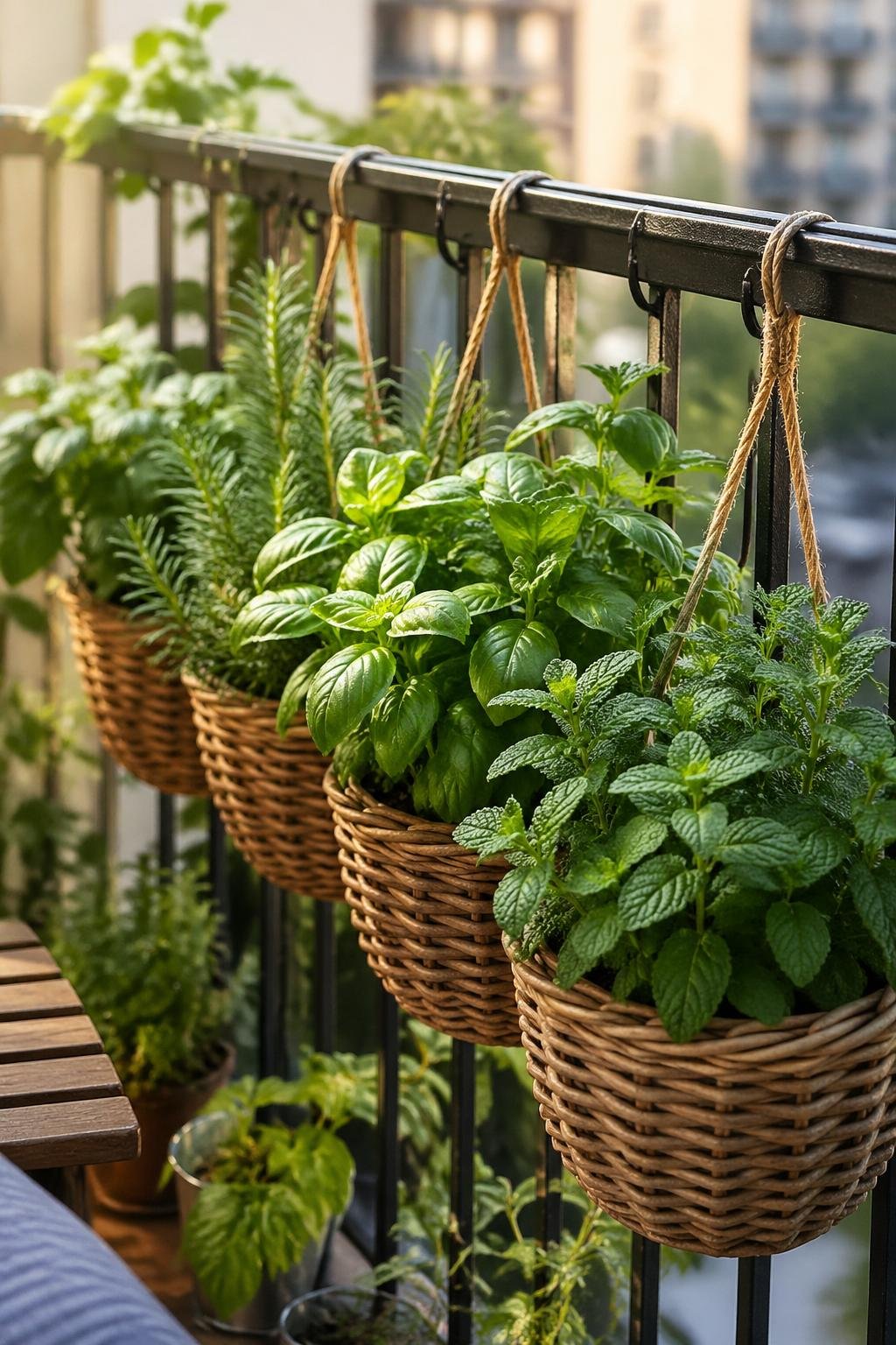 A small balcony with hanging baskets filled with green herb plants like basil, mint, and rosemary.