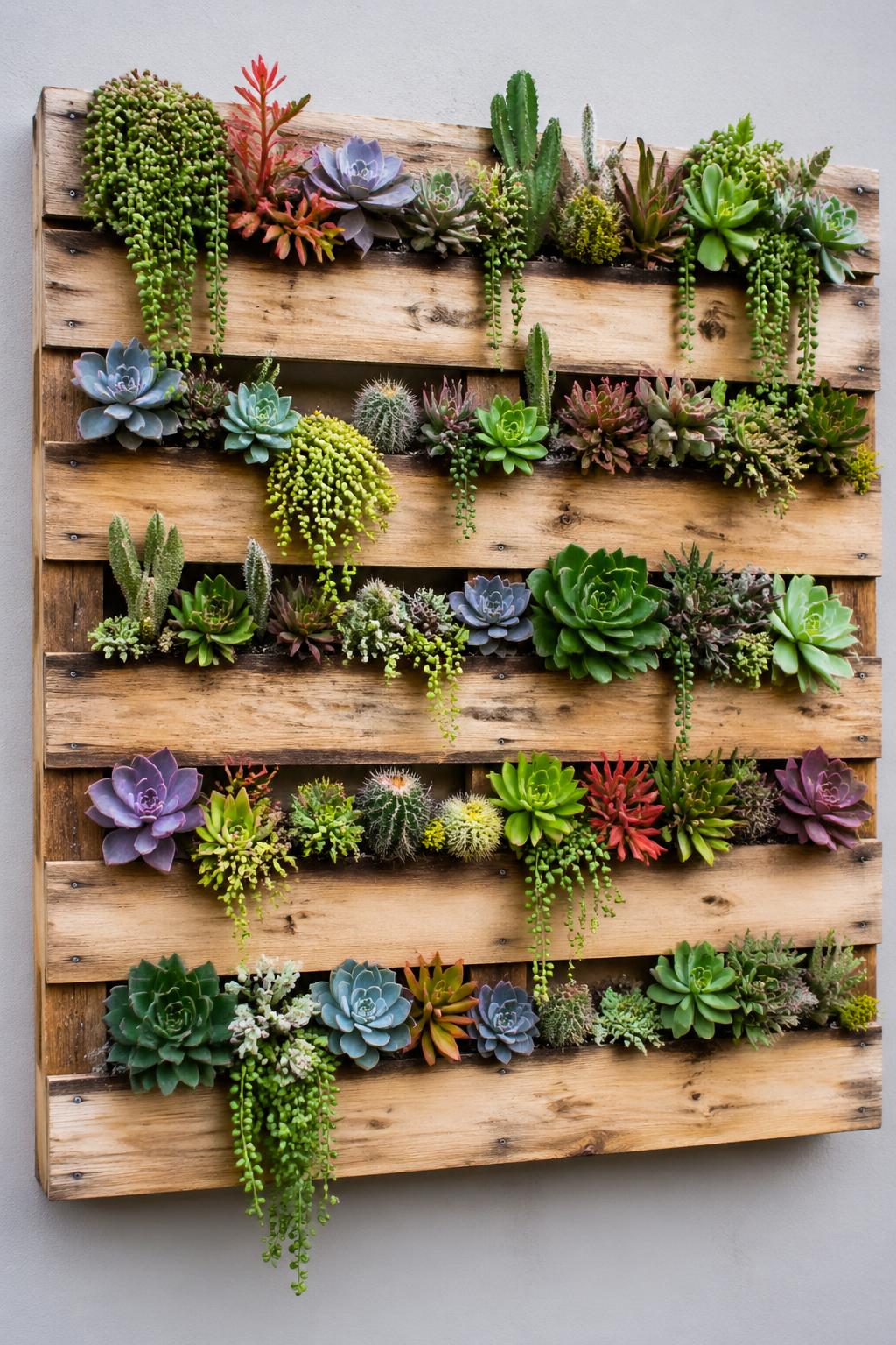 A vertical garden made of wooden pallets filled with various colorful succulents and small cacti.