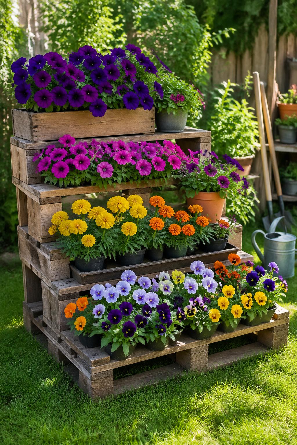 A tiered wooden pallet flower stand with colorful blooming flowers in a garden setting.