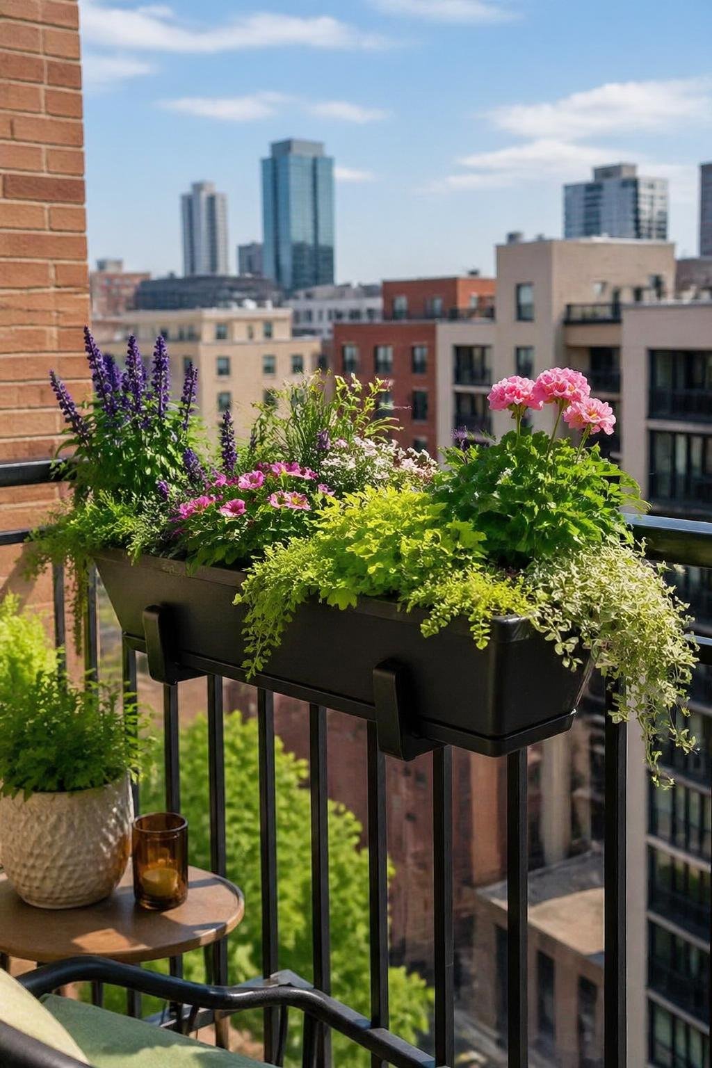 Apartment balcony with a rail-mounted planter box filled with green plants and colorful flowers overlooking a cityscape.