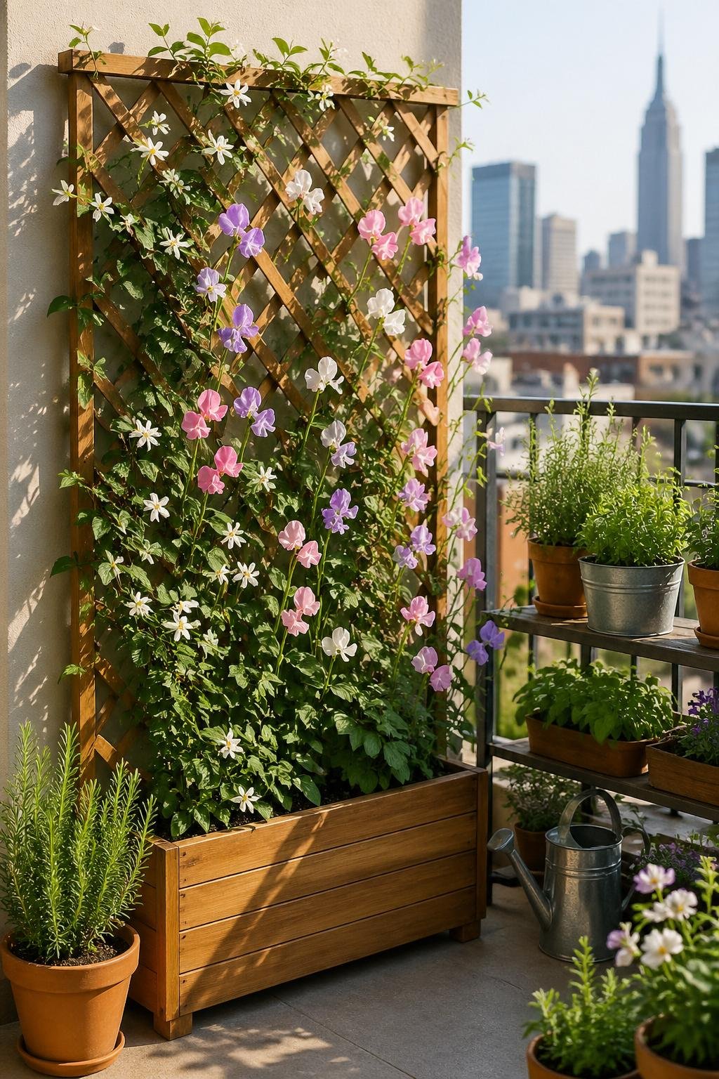 A small garden corner with a wooden trellis planter supporting climbing jasmine and sweet pea flowers on a balcony.