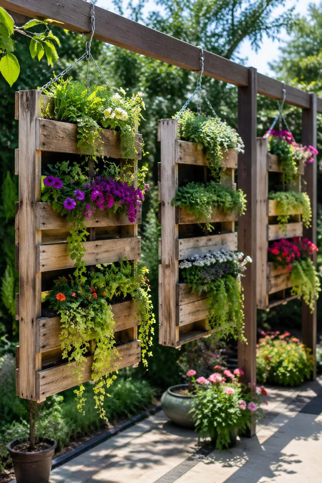 Multiple wooden pallet planters hanging outdoors, filled with green plants and colorful flowers in a garden setting.