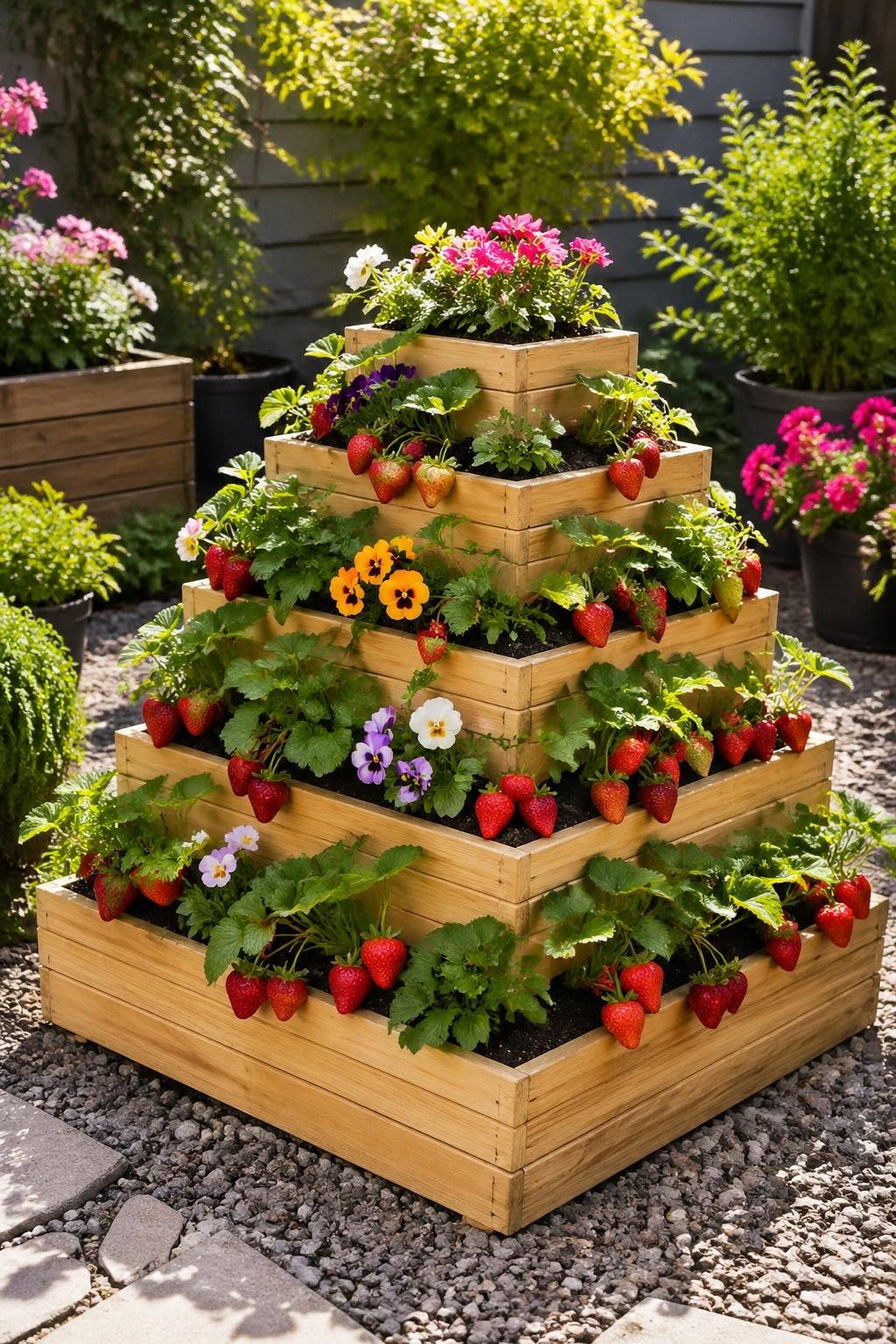 A tiered wooden pyramid planter filled with flowers and strawberries in a small garden space with green plants around.