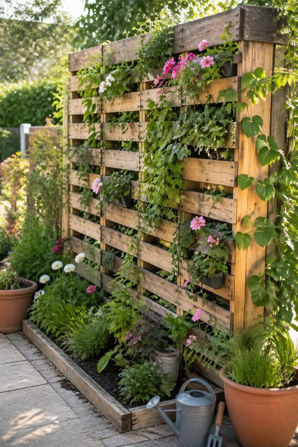 Wooden pallet privacy screen covered with green climbing plants and flowers in a sunny garden setting.