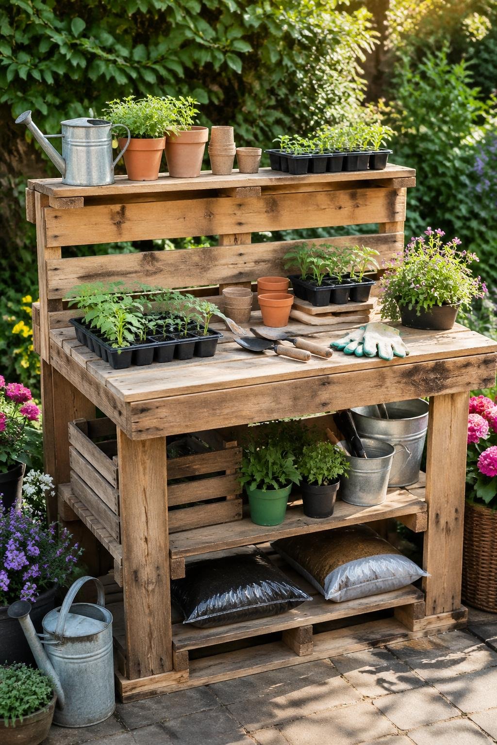 An outdoor pallet potting bench with gardening tools, small plants, and soil bags surrounded by green plants and flowers.