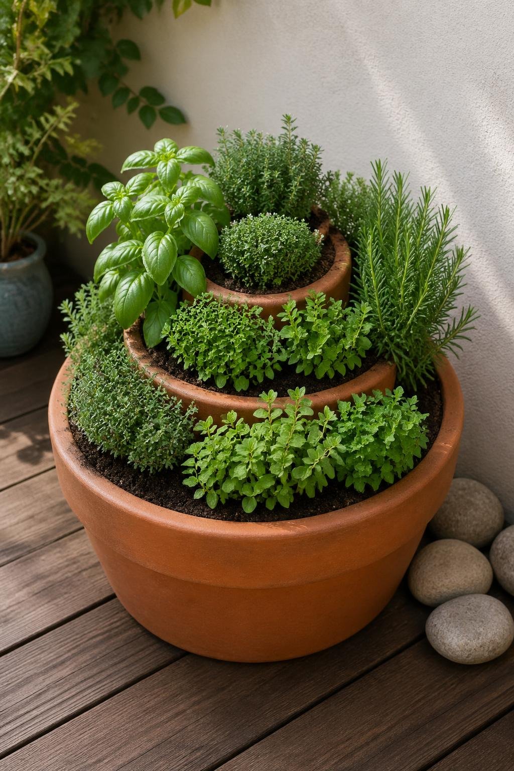 Mini herb spiral garden in a round pot placed in the corner of a small outdoor patio with various green herbs growing.