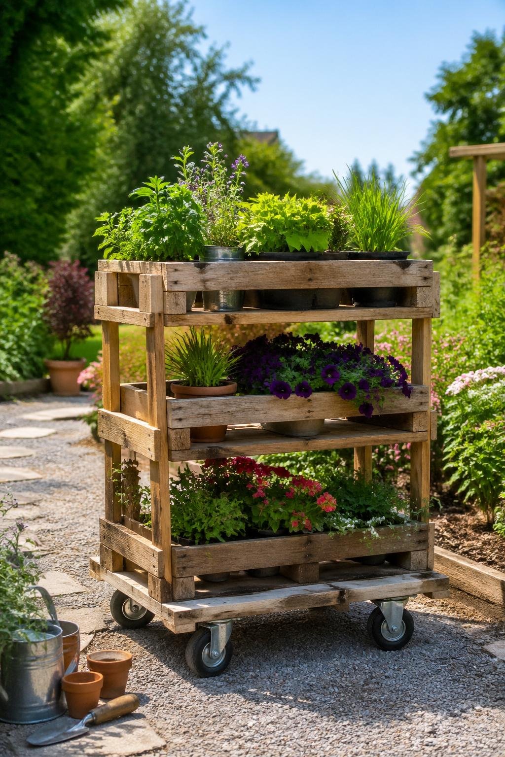 A rolling wooden pallet garden cart filled with plants and flowers in a sunny garden with greenery and a stone path.
