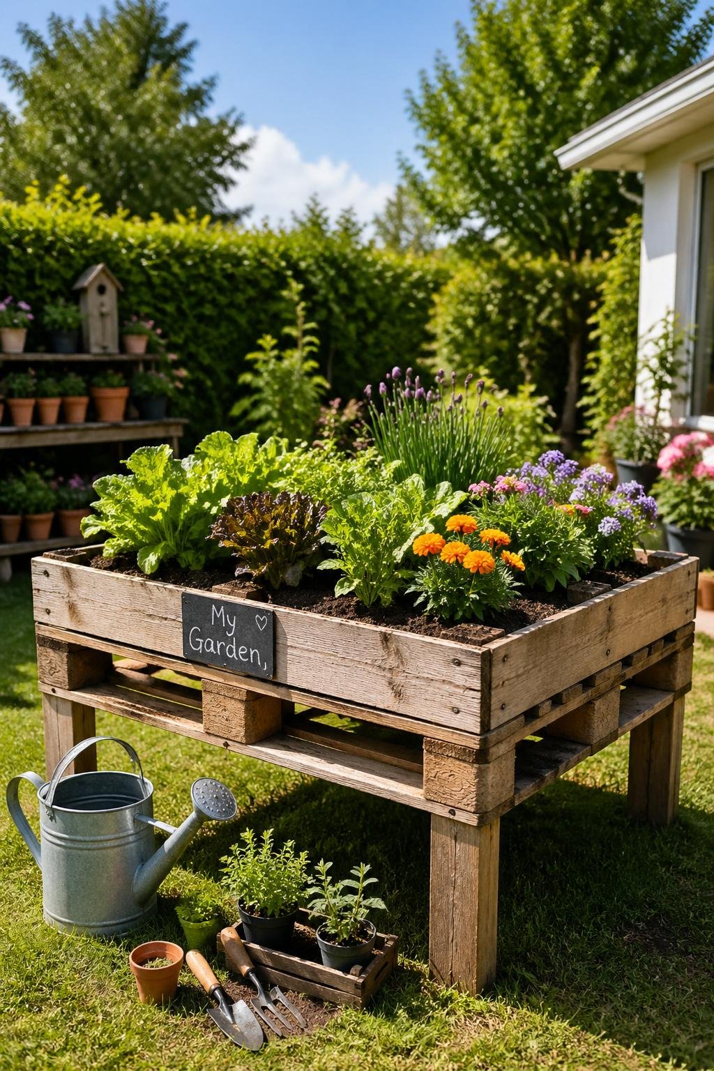 An elevated wooden pallet garden bed filled with various plants and flowers in a sunny backyard garden.