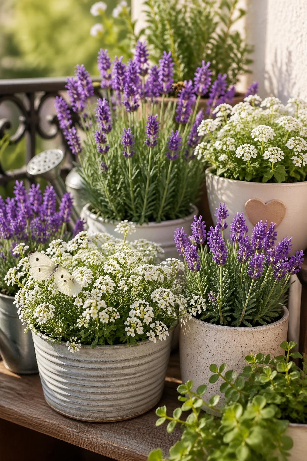 A small garden with blooming lavender and alyssum plants arranged in pots, attracting bees and butterflies.