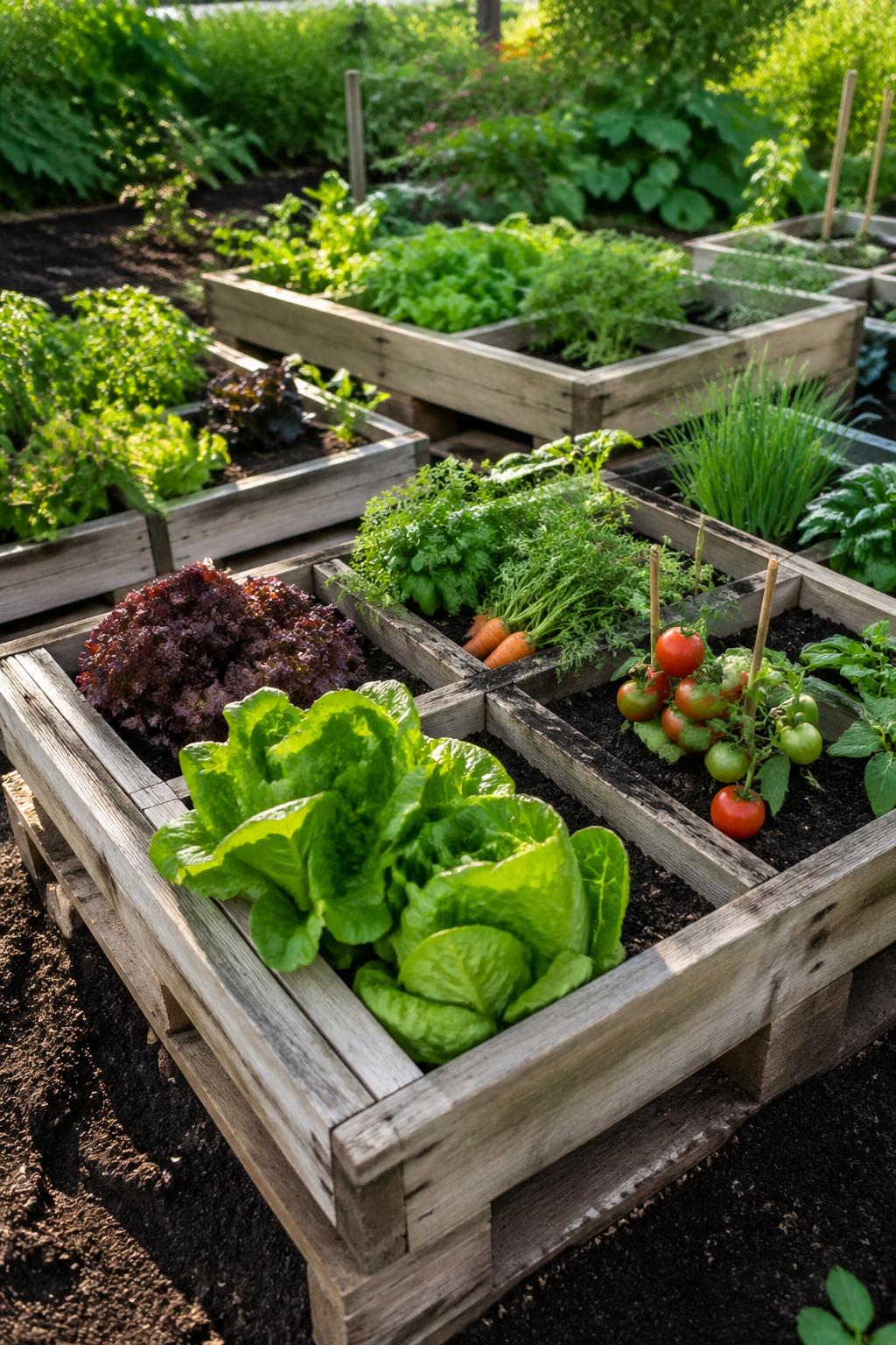 A sectioned vegetable garden with various fresh vegetables growing in wooden pallet planters outdoors.