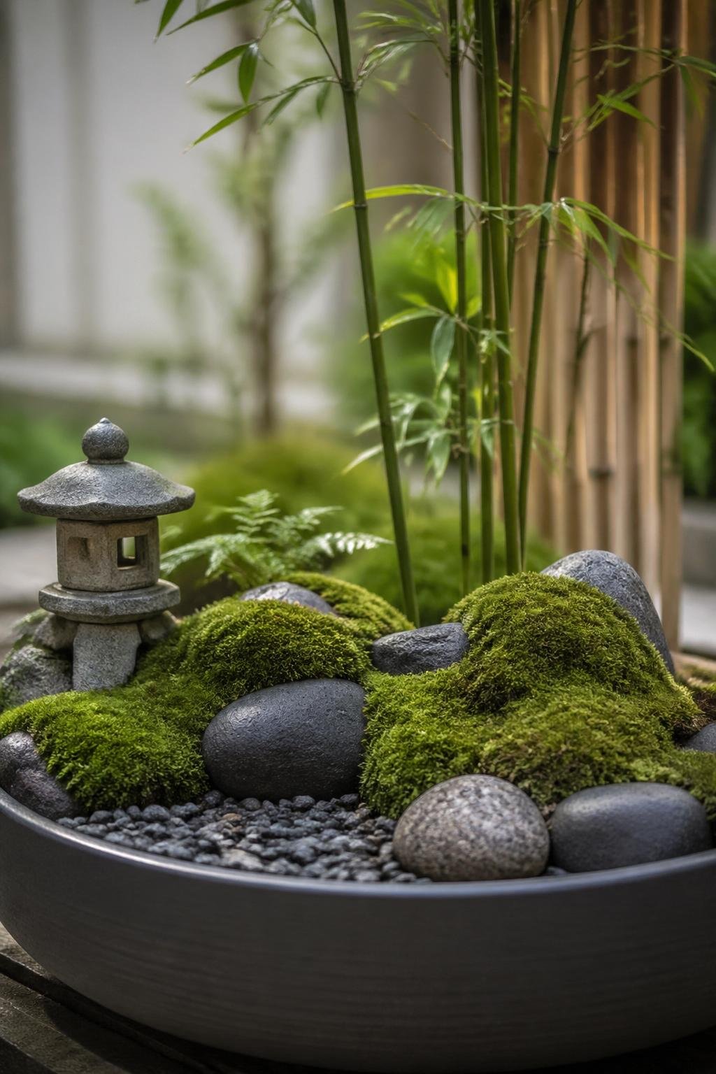 A small Japanese-inspired zen garden with moss, stones, bamboo shoots, and a tiny stone lantern arranged in a compact space.